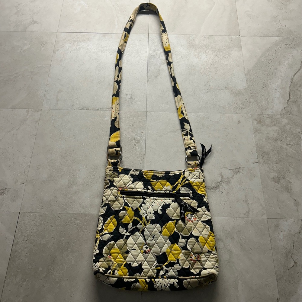 Vera Bradley Crossbody Bag Yellow Black Floral Quilted Cotton Purse 1238